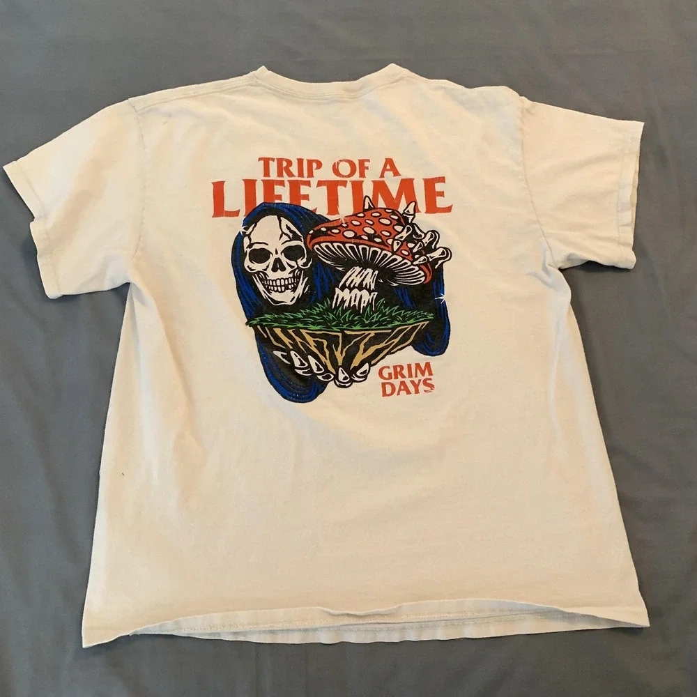 Grim Days Trip Of‎ A Lifetime Shirt Mens Large White Skeleton Mushroom Graphic